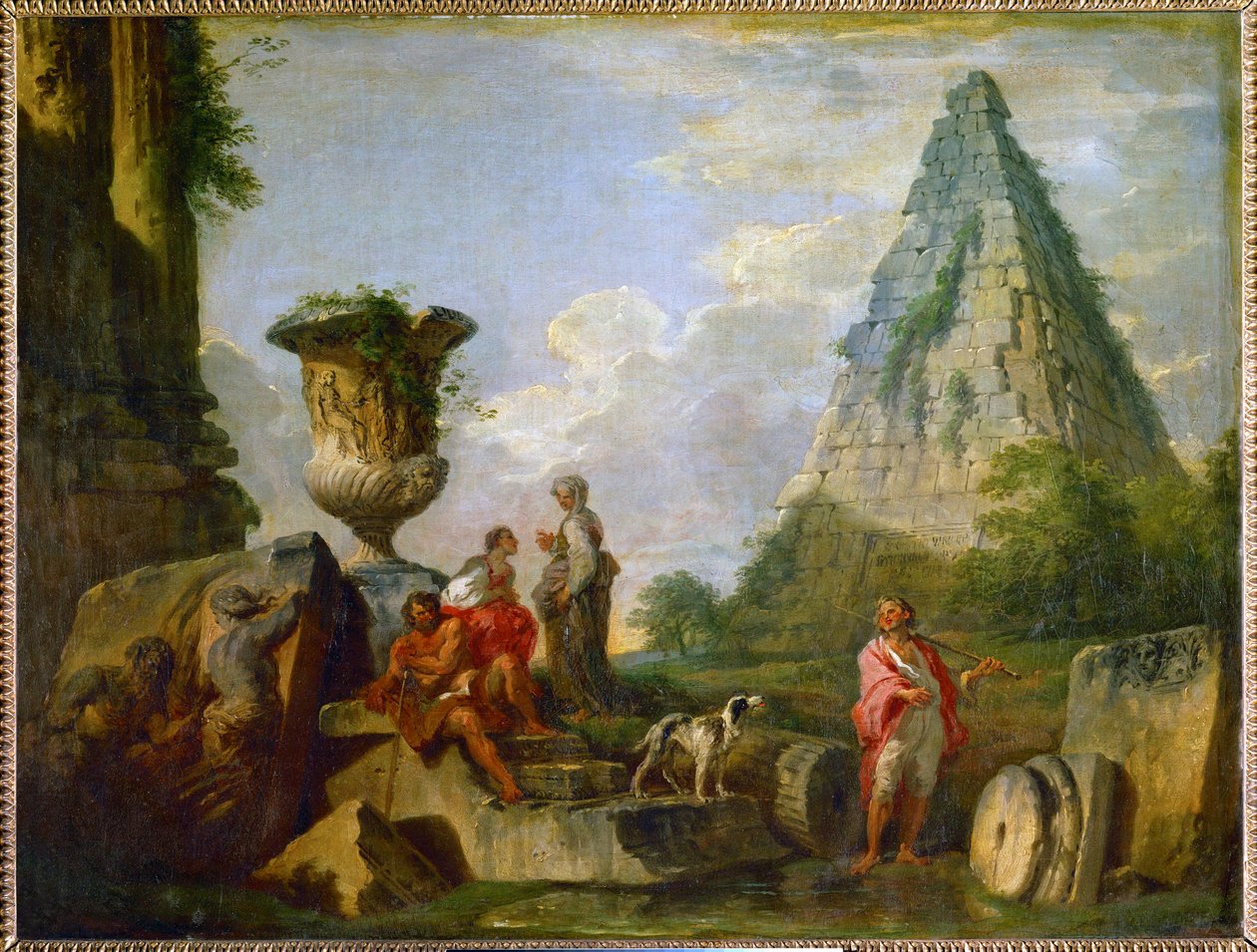 Ruínas antigas com a pirâmide de Gaius Cestius ... de Giovanni Paolo Pannini or Panini
