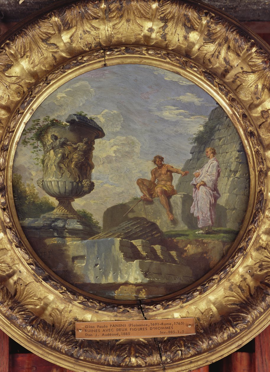 Ruínas com Dois Homens, c.1750-60 (óleo sobre cobre) de Giovanni Paolo Pannini