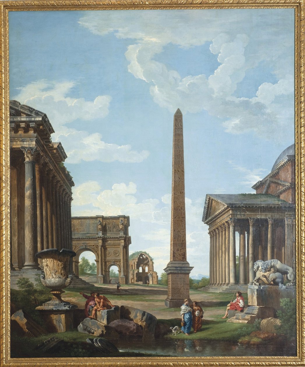 Um capricho com ruínas romanas e uma cena da vida de Belisaire - Pintura de Giovanni Paolo Panini (Pannini) (1691-1765), óleo sobre tela, 210,8x173 cm - (Um capricho com ruínas romanas e uma cena da Vida de Belisário , Óleo sobre tela de Gio de Giovanni Paolo Pannini
