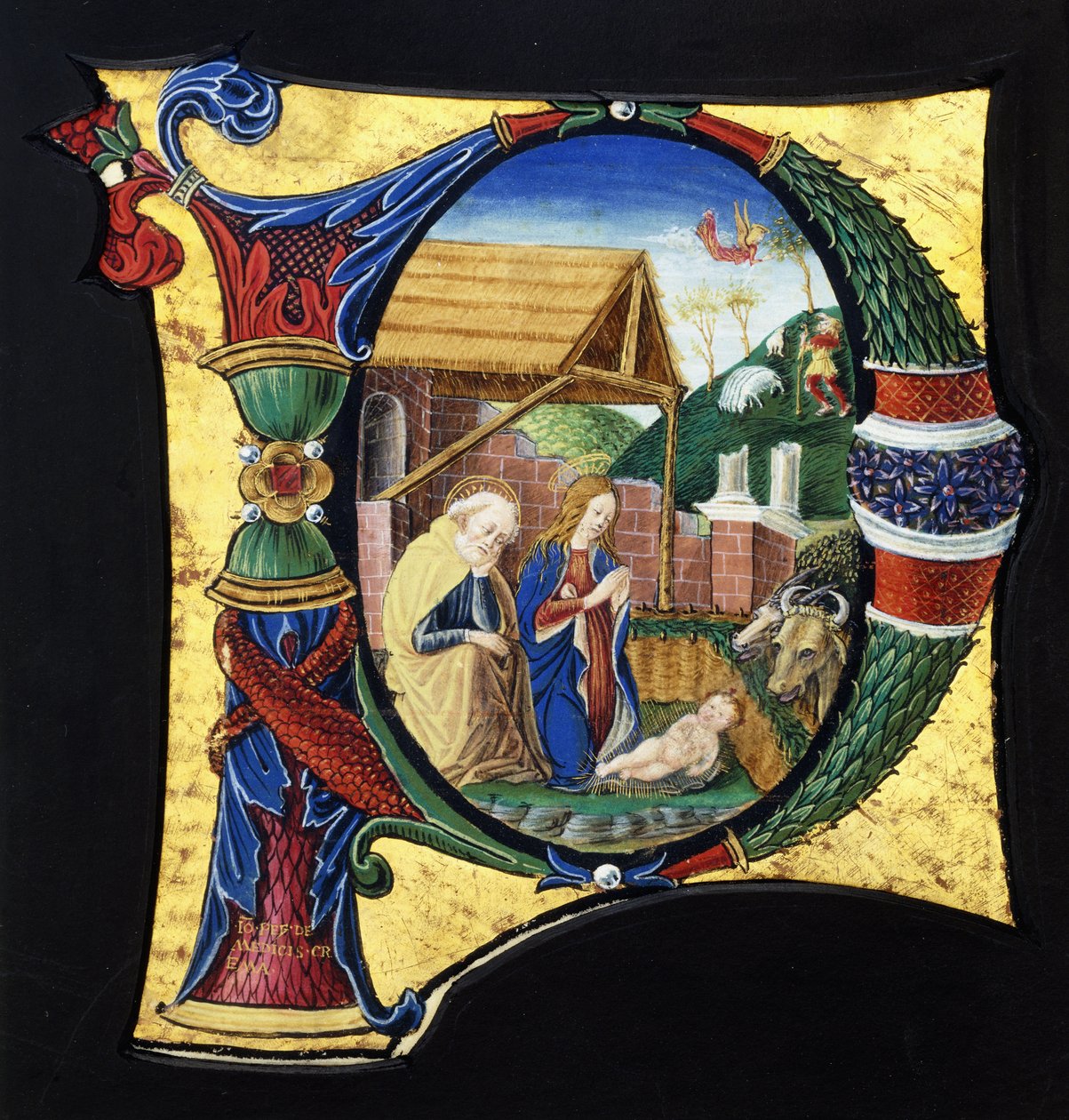 Um grande "P" inicial historiado, representando um presépio, c.1490 de Giovanni Pietro Medici Da Crema