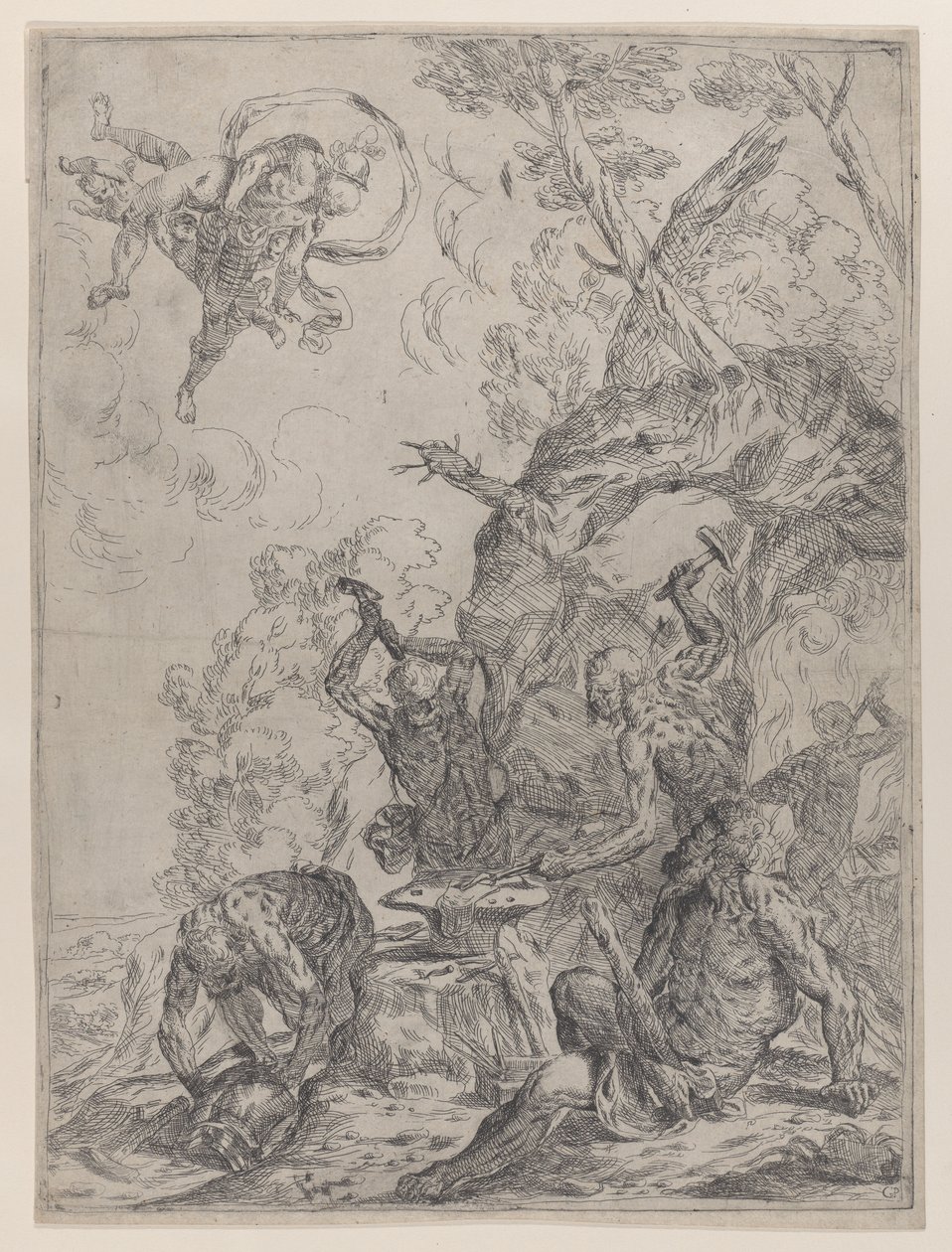 A forja de Vulcano com ferreiros golpeando uma bigorna com martelos..., 1640-59. de Giovanni Pietro Possenti