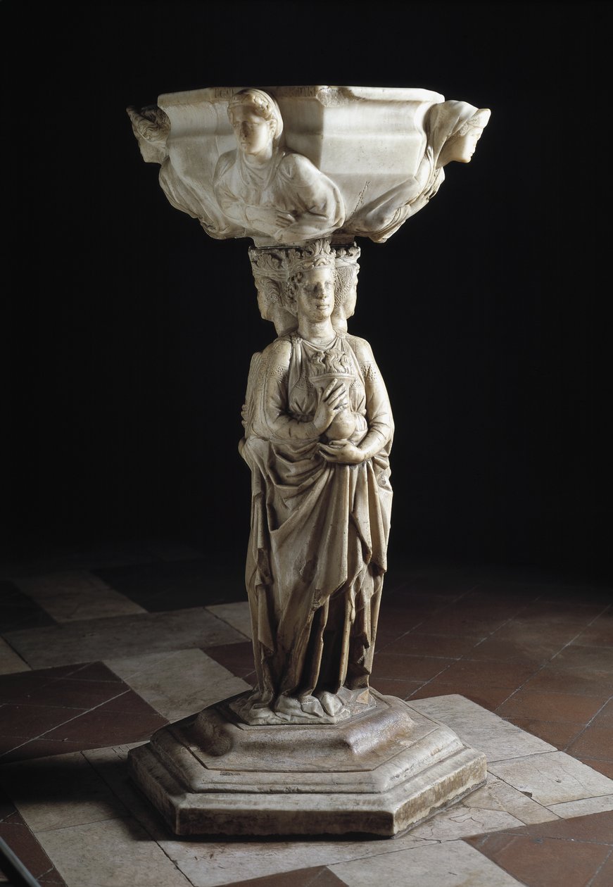 Benitier com o pilar decorado com as três virtudes teologais e a cuba decorada com os bustos das quatro virtudes cardeais, do século XIII (escultura) de Giovanni Pisano
