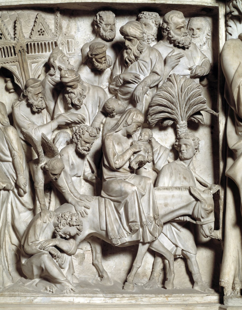 Detalhe dos relevos da cadeira realizados por Giovanni Pisano (1248-1314): Detalhe dos relevos do púlpito de mármore, voo para o Egipto 1302-1311 Cathedrale de Pisa (Duomo di Pisa), Itália de Giovanni Pisano