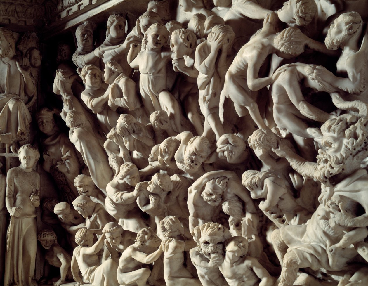 Detalhe dos relevos da cadeira realizada por Giovanni Pisano (1248-1314): as represas (Detalhe dos relevos do púlpito de mármore) 1302-1311 Cathedrale de Pisa (Duomo di Pisa), Itália de Giovanni Pisano