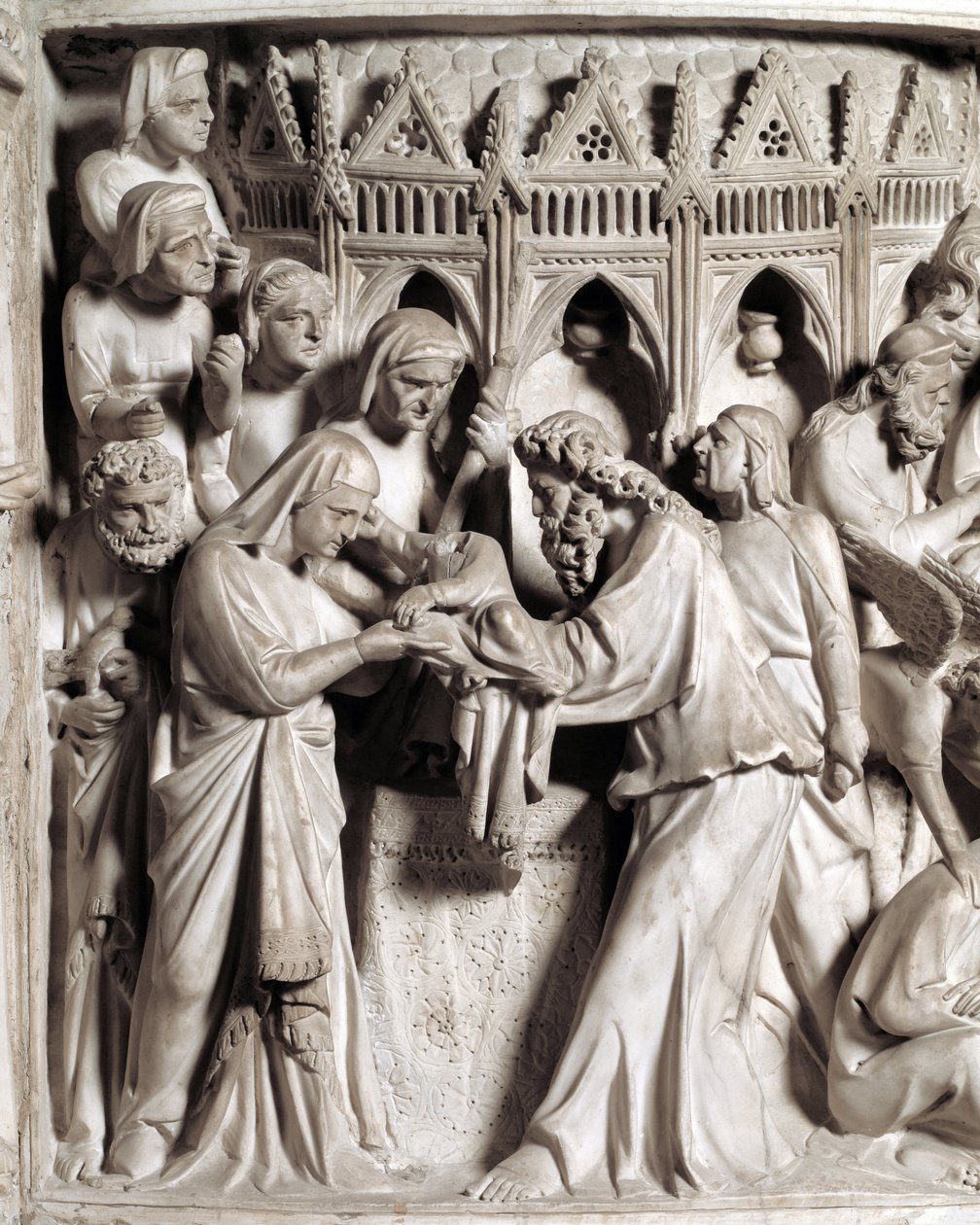 Detalhe dos relevos da Cadeira realizada por Giovanni Pisano (1248-1314): a apresentação de Jesus no templo (Detalhe dos relevos do púlpito de mármore) 1302-1311 Catedral de Pisa (Duomo di Pisa), Itália de Giovanni Pisano