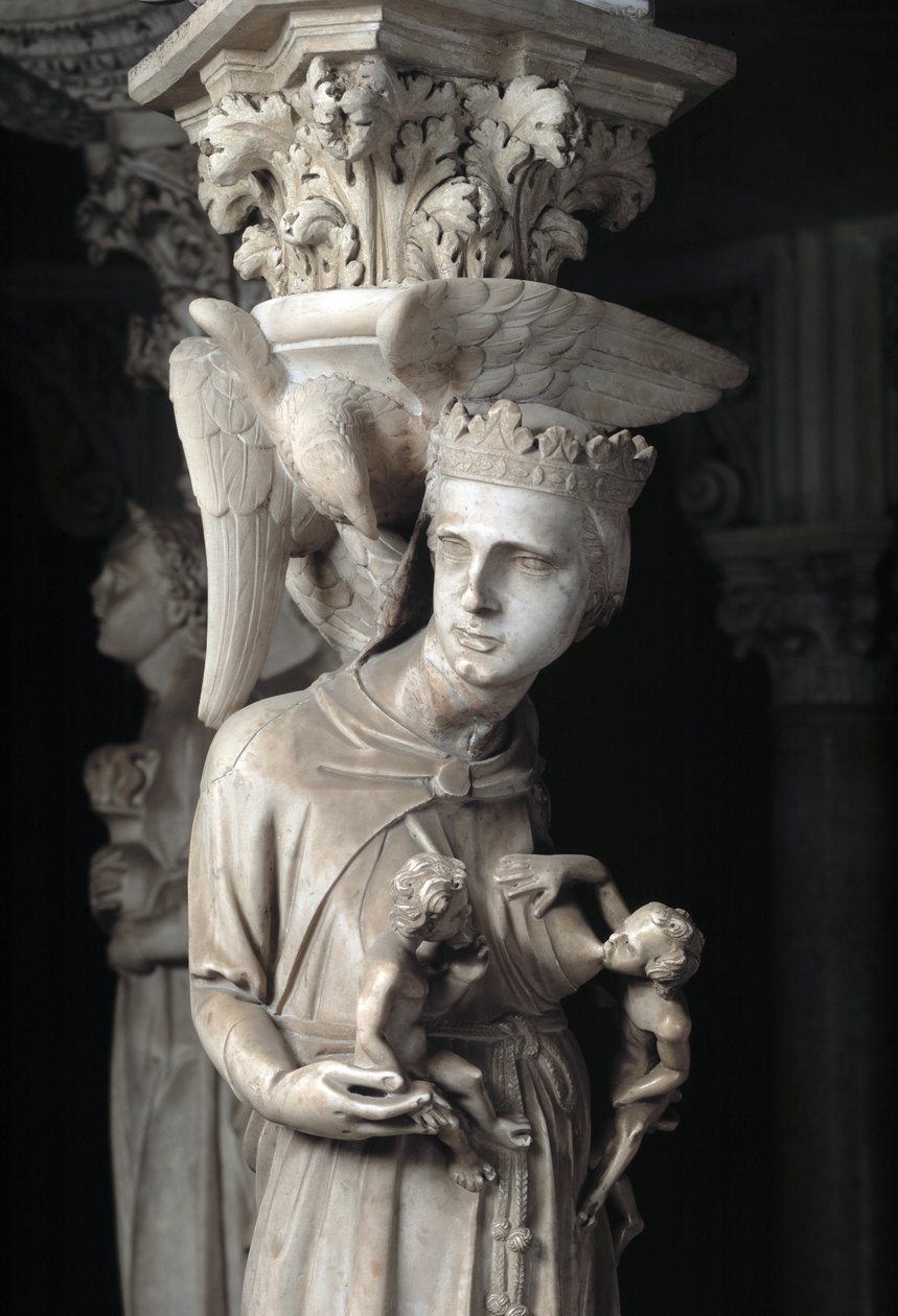 Detalhe dos grupos esculpidos de apoio à Cadeira realizados por Giovanni Pisano (1248-1314): a Igreja alimentando os seus filhos (Detalhe das esculturas de apoio ao púlpito de mármore, a Igreja alimenta os seus filhos) 1302-1311 Cathedrale de Pisa (Duomo d de Giovanni Pisano