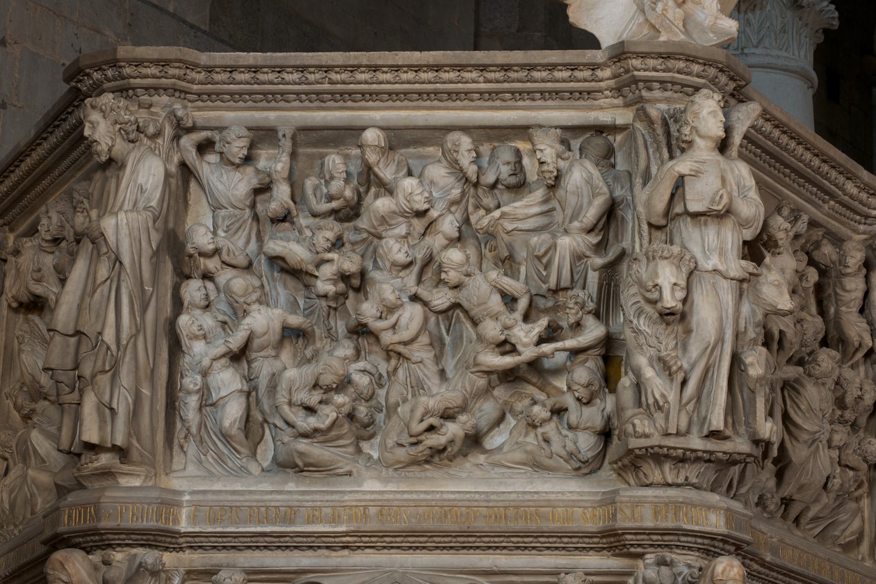 O Massacre dos Inocentes, no púlpito da Igreja de Sant&39;Andrea. c.1298-1301 (mármore) de Giovanni Pisano