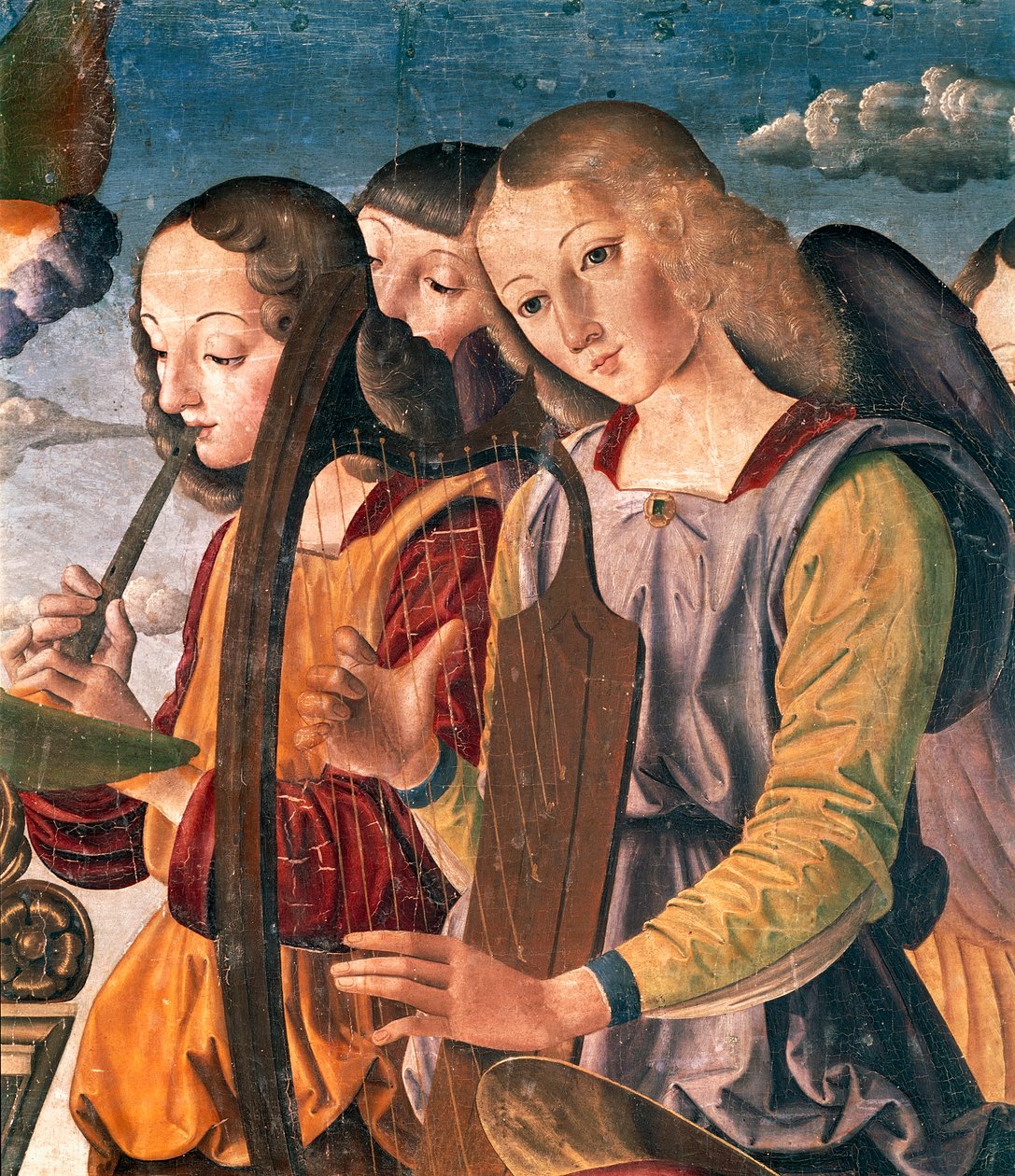 Anjos com instrumentos, detalhe da Santa Conversa com Madonna e Criança entronizada com doador e santos de Giovanni Santi