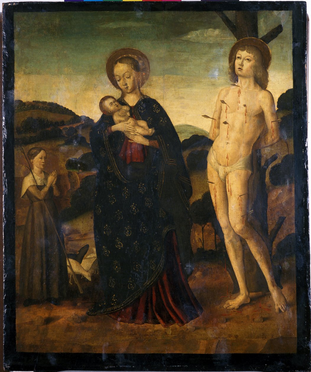 Madonna e Criança com São Sebastião e Pastora (têmpera sobre madeira de choupo) de Giovanni Santi or Sanzio