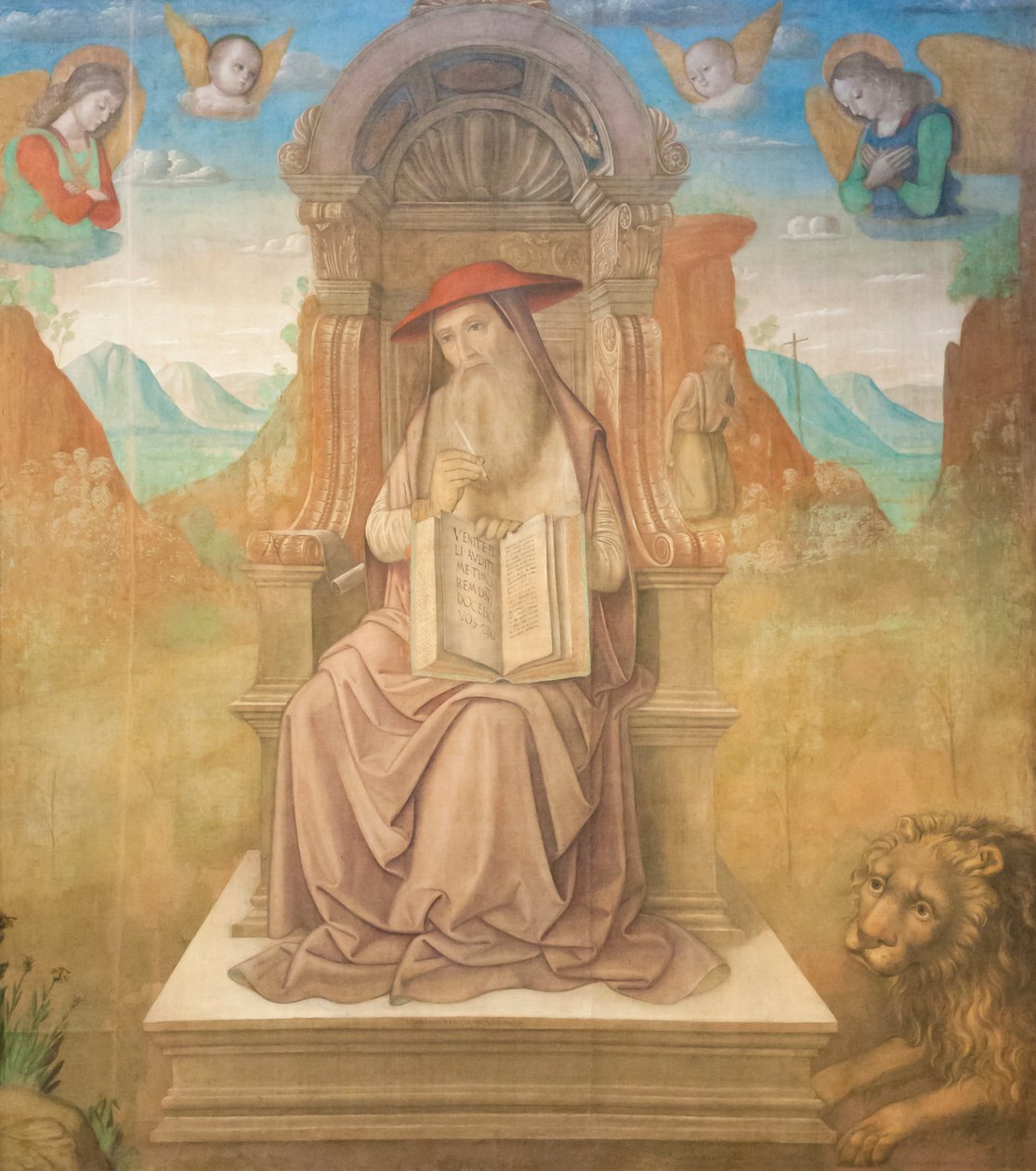 São Jerónimo Entronizado (tempera no painel) de Giovanni Santi or Sanzio