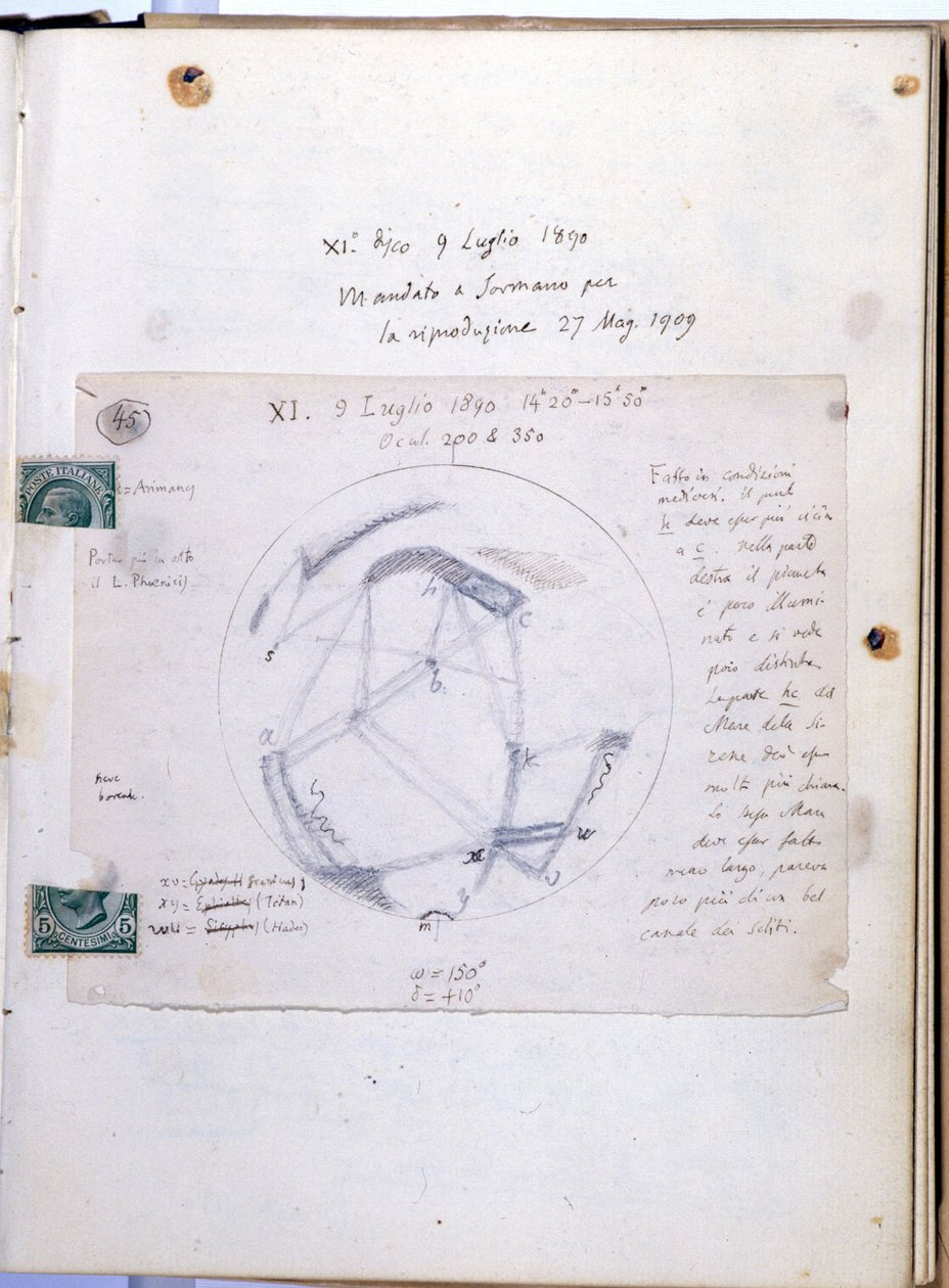 Livro de estudo de Giovanni Virginio Schiaparelli (1835-1910), astrônomo italiano que observou os canais (canaisi) marcianos do planeta Marte. Este caderno é datado de 07/09/1890. de Giovanni Schiaparelli