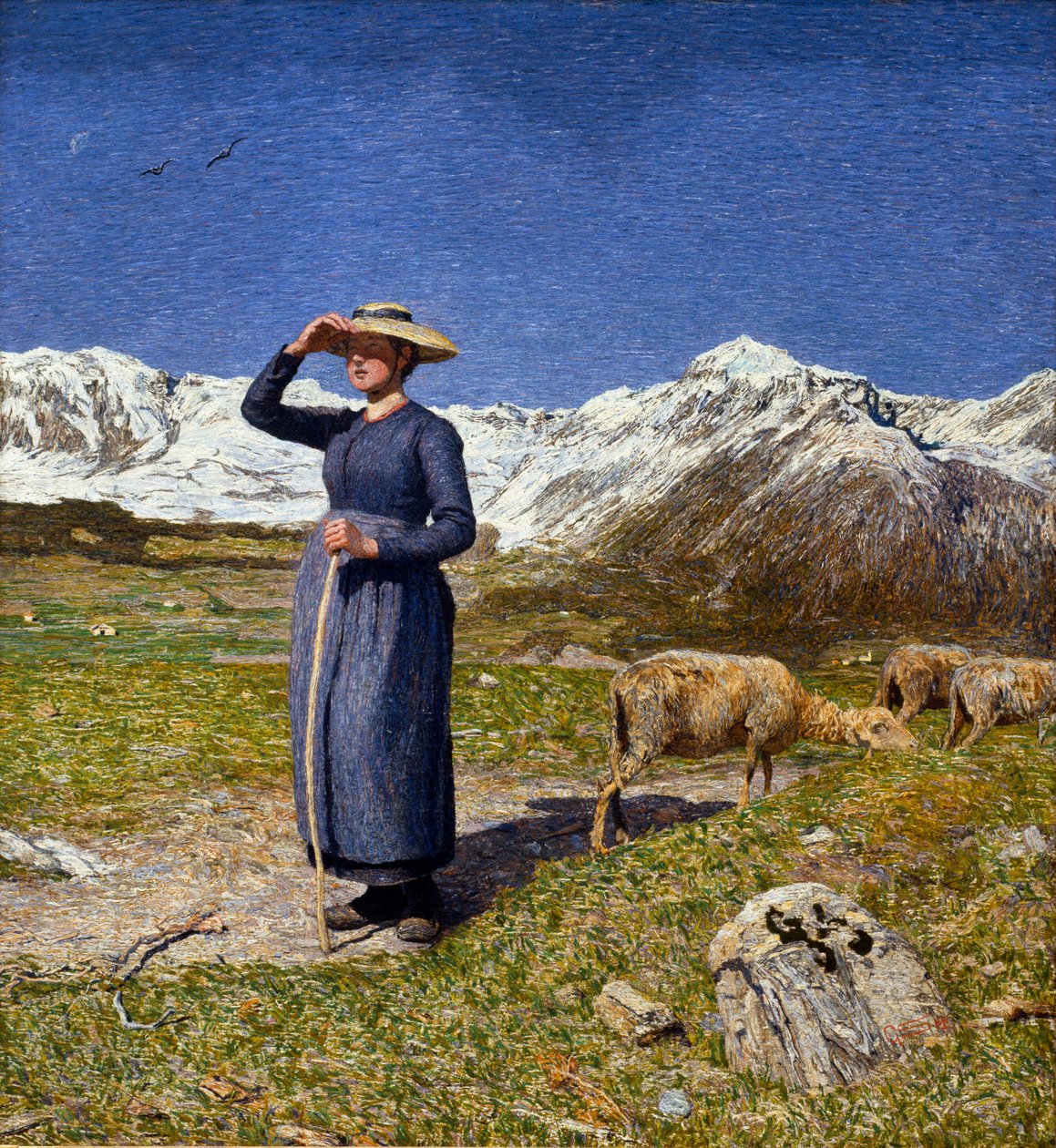 Meio-dia nos Alpes Uma bergere a proteger os olhos do sol. Pintura de Giovanni Segantini (1858-1899) 1891 Sol. 7,5x71,57 cm Coleção O. Fischebacher de Giovanni Segantini