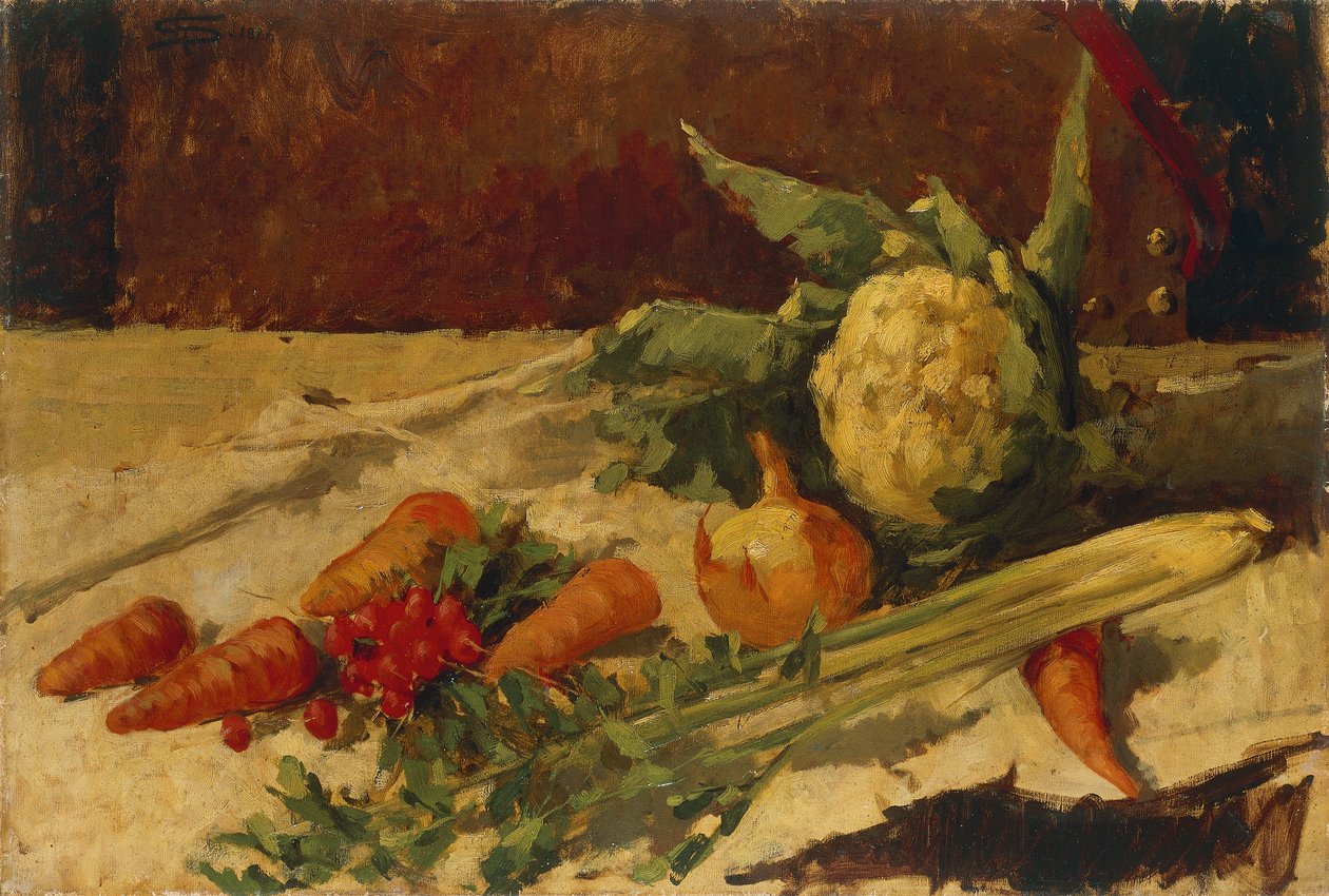 Natureza morta com cenouras, de Giovanni Segantini (1858-1899), óleo sobre tela, 51x75 cm de Giovanni Segantini