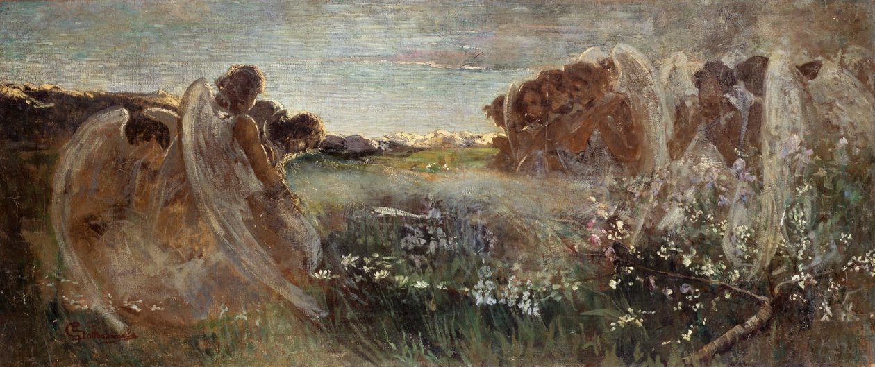 A oração dos anjos, de Giovanni Sottocornola (1855-1917), óleo sobre tela, 54x128,5 cm de Giovanni Sottocornola