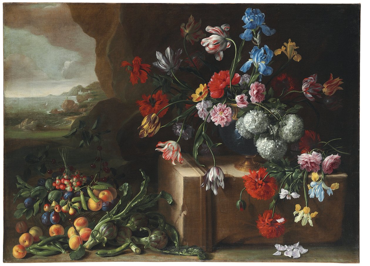 Crisântemos, tulipas, íris e outras flores e frutas em uma paisagem de Giovanni Stanchi