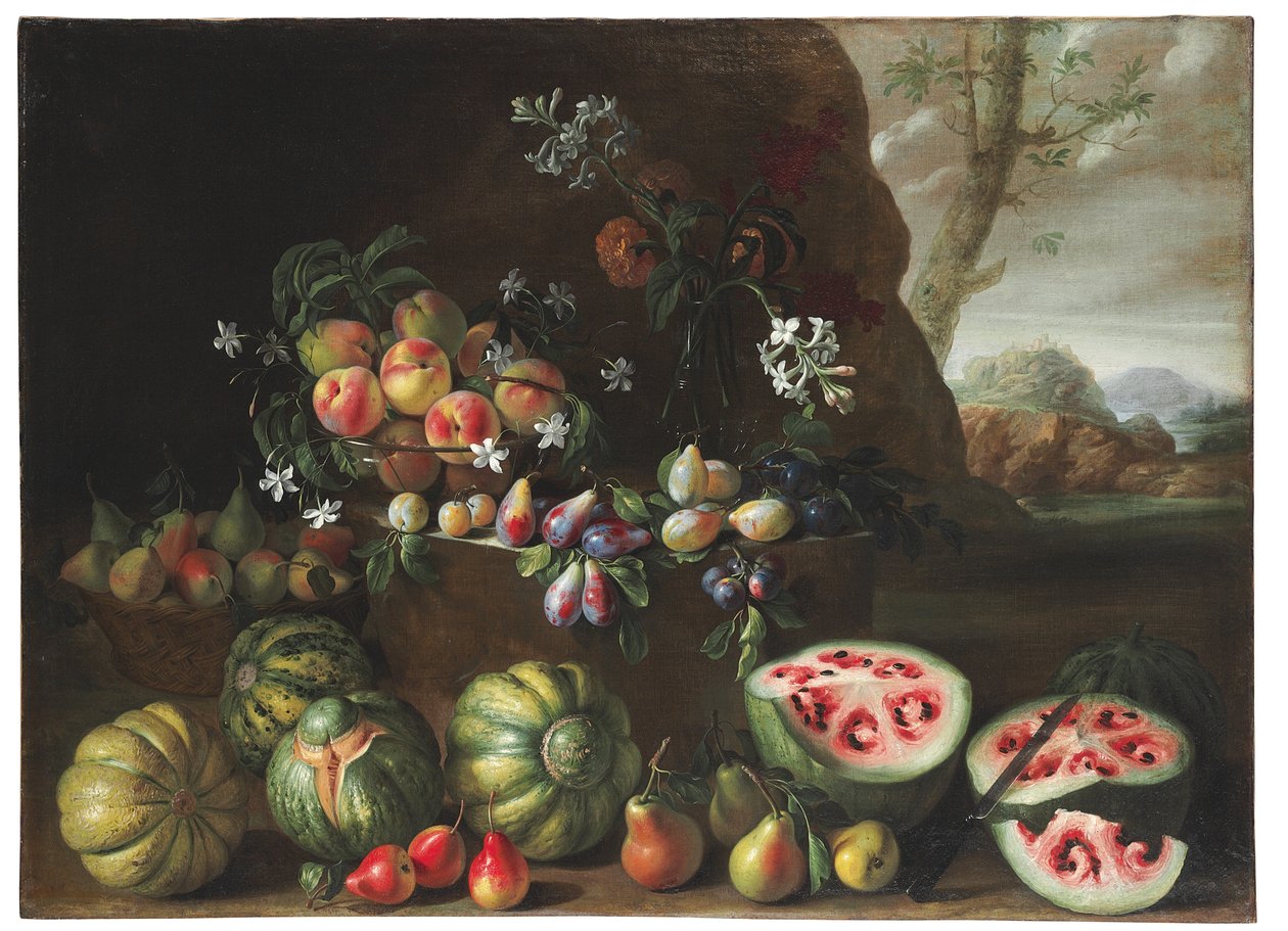 Melancias, pêssegos, peras e outras frutas em uma paisagem de Giovanni Stanchi