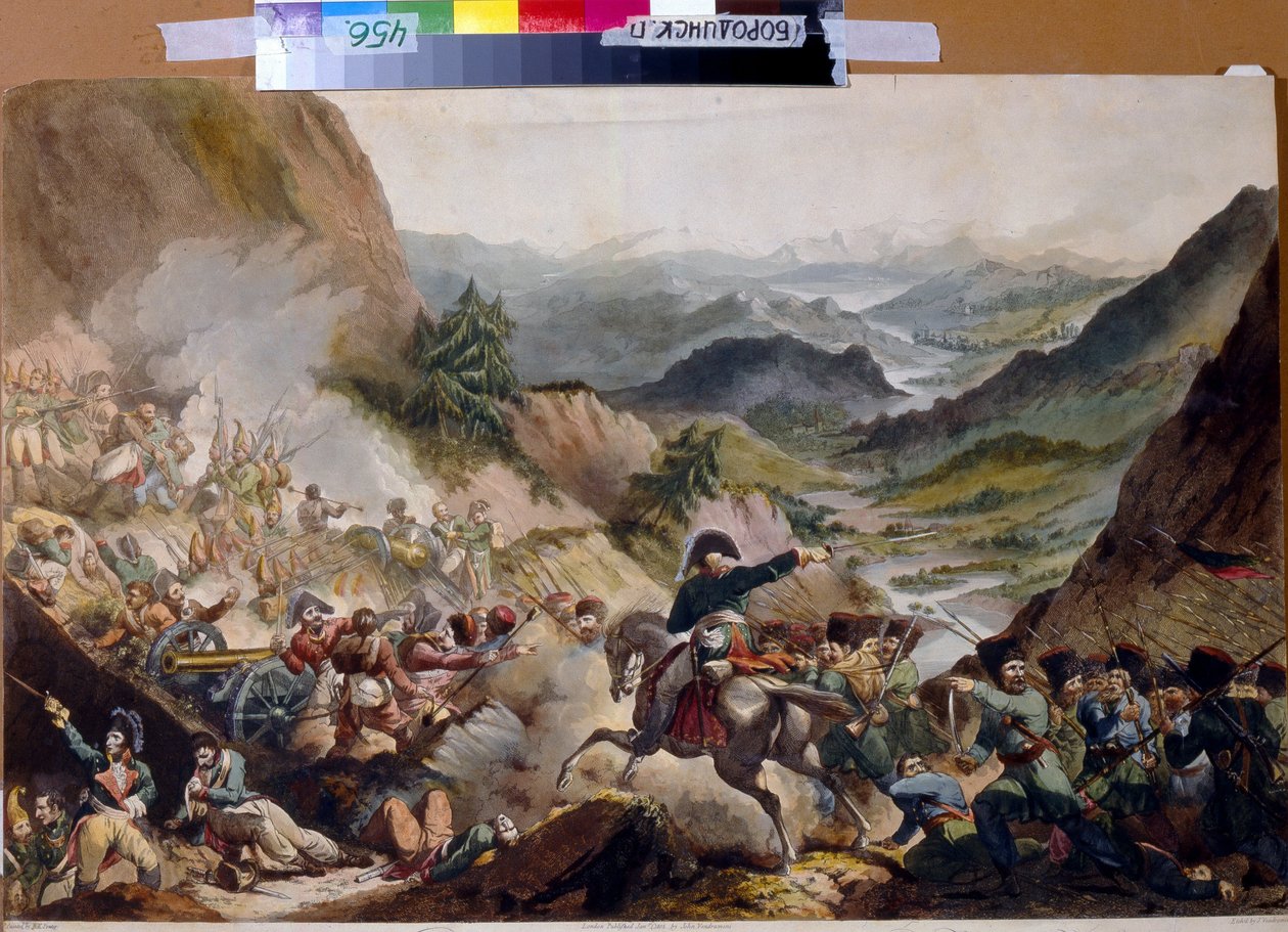 Príncipe Pierre de Bagration (1765-1812) liderando os cossacos para atacar os Alpes. (Príncipe Piotr Ivanovich Bagration lidera os cossacos ao ataque nos Alpes). O herói russo é descrito durante a segunda campanha italiana (1799-1800), durante a de Giovanni Vendramini