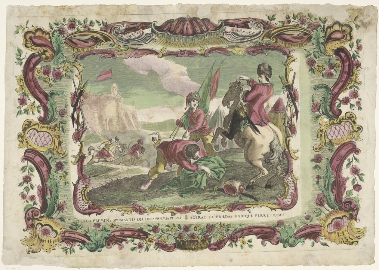 Soldados numa batalha em frente de um forte
Terga premens spumantis equi dux praemia pugnae / agerat et praedas undique ferre jubet (título sobre o objecto) de Giovanni Volpato (possibly)