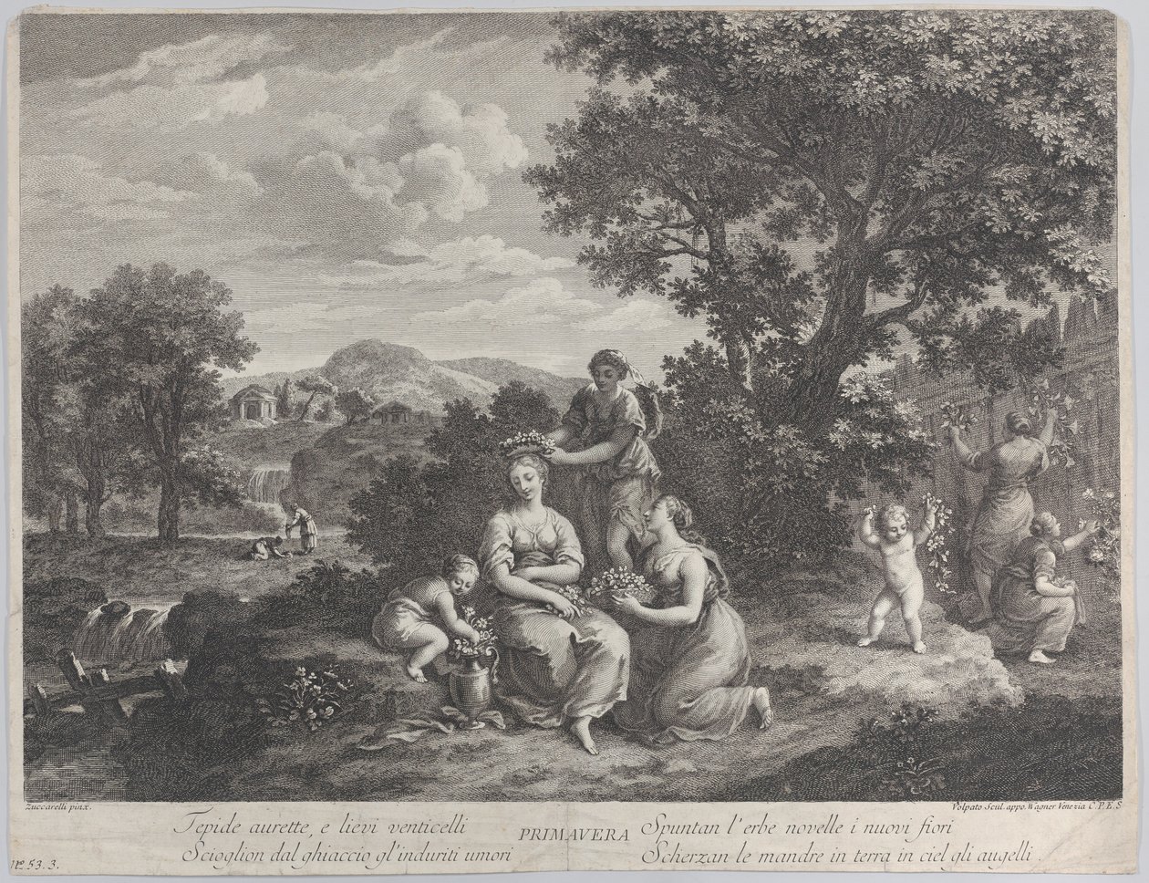 Primavera, um grupo de mulheres coletando flores e fazendo coroas com elas, ca. 1764. de Giovanni Volpato