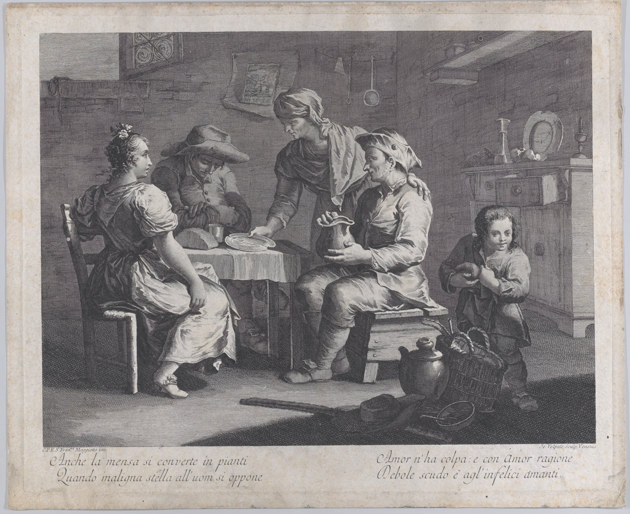 Três pessoas sentadas ao redor de uma mesa à esquerda enquanto um homem traz um prato vazio..., 1760-70. de Giovanni Volpato