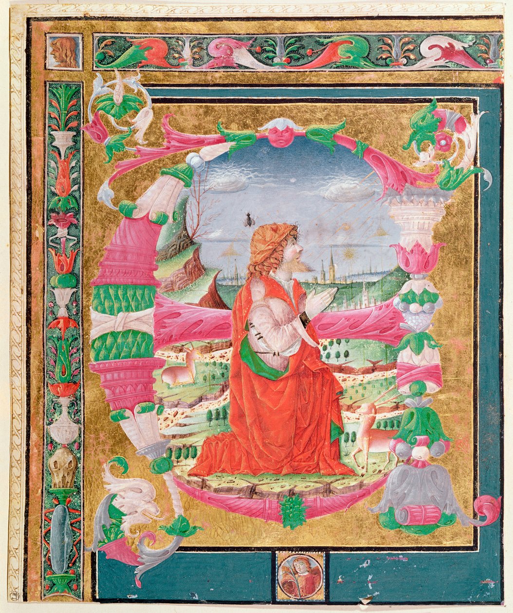 Carta inicial Historiated E com uma figura ajoelhada do rei David, 1482-83 (wc no papel) de Giovanni and Cicognara, Antonio Gadio