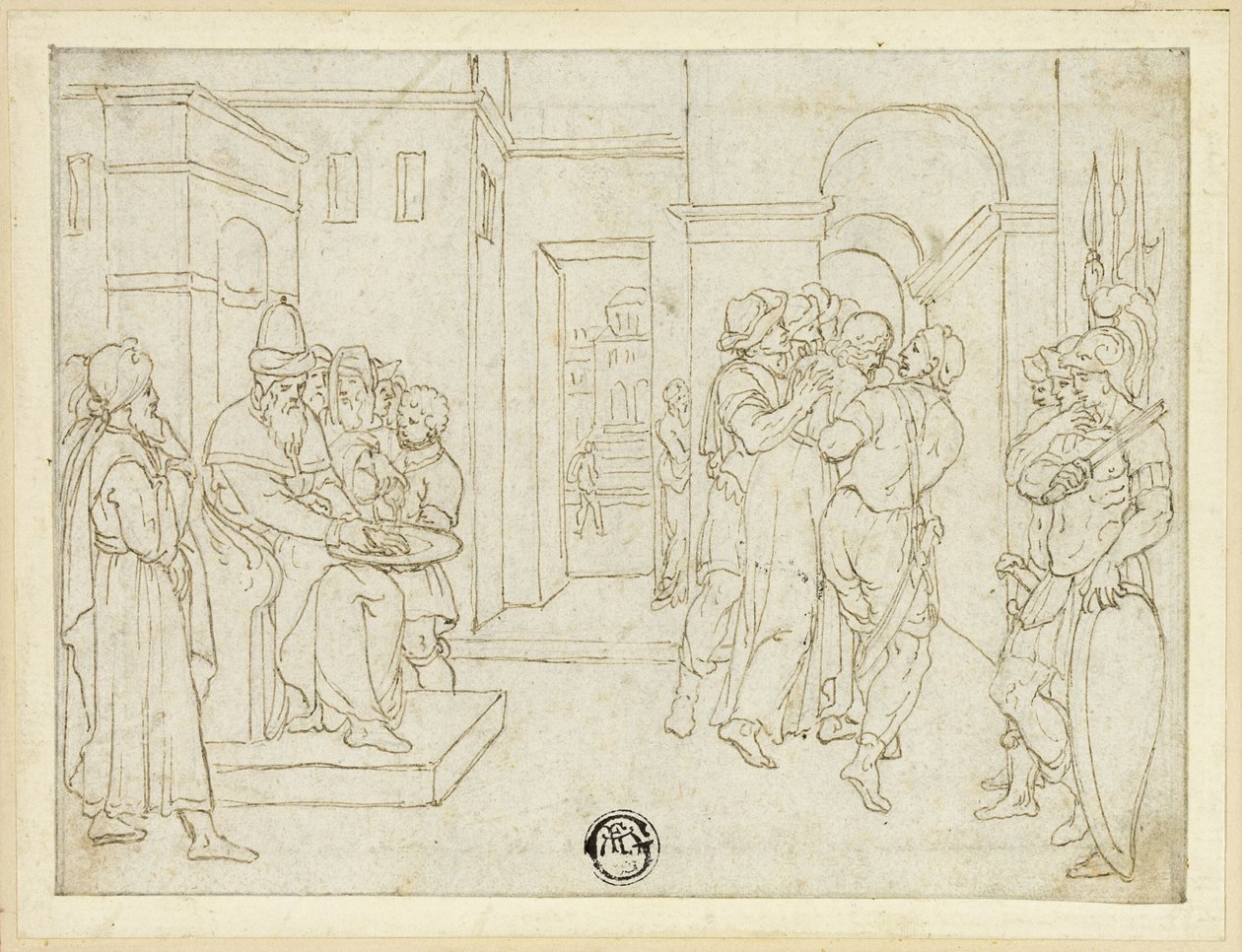 Pilatos lavando as mãos, com Cristo sendo levado de Giovanni da Bologna