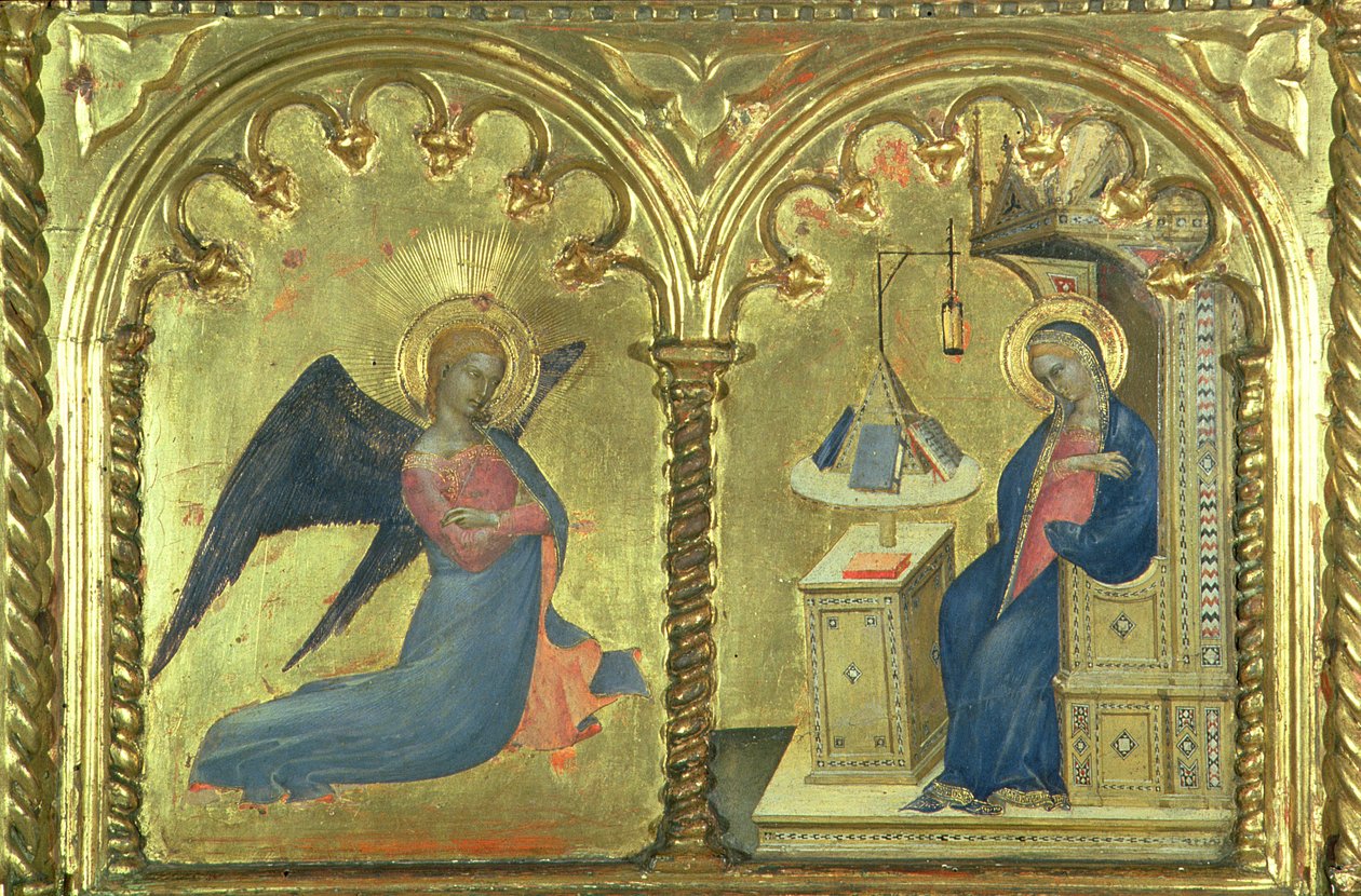 A Anunciação, detalhe de um político representando As Vidas dos Santos, do Salone del II Piano, 1353-63 de Giovanni da Milano