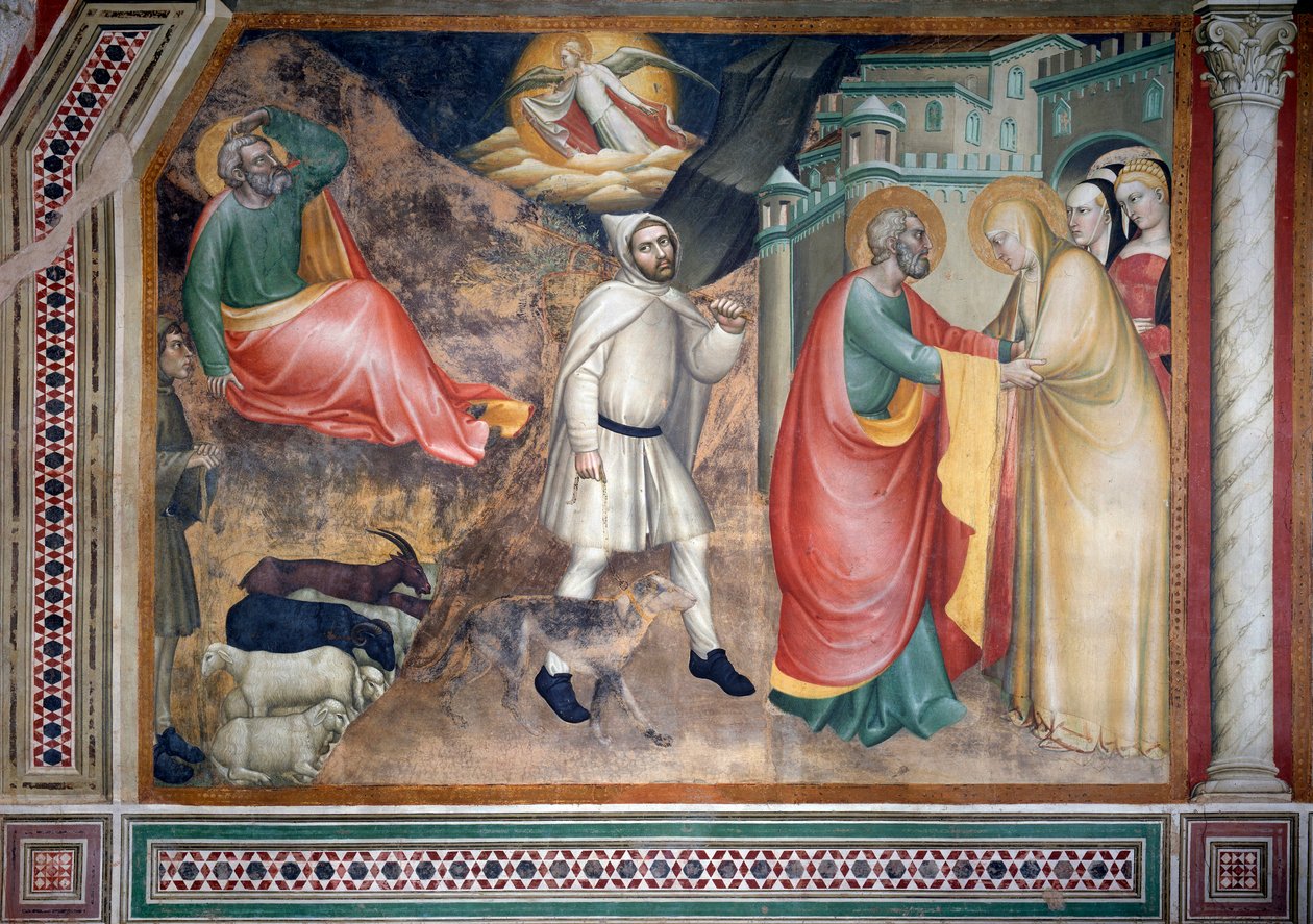 A vida da Virgem: o anúncio a Joaquim e o encontro com Santa Ana no portão de ouro (Fresco de Giovanni da Milano