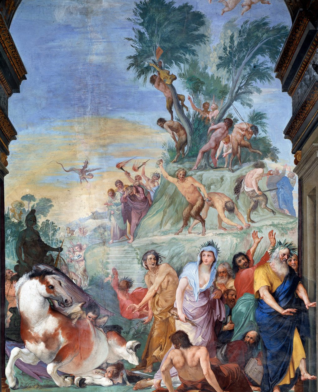 As musas e poetas caçadas do Parnassus (musas e poetas expulsos do Parnassus) Detalhe fresco por Giovanni da San Giovanni (1592-1636) 1634-1642 Museo degli argenti, Palazzo Pitti, Florença de Giovanni da San Giovanni