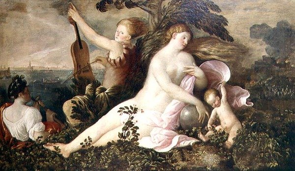 Alegoria de uma vitória veneziana, a figura central da fortuna ou do acaso acompanhada de figuras que simbolizam a natureza e a música, c.1518 de Giovanni de Busi Cariani