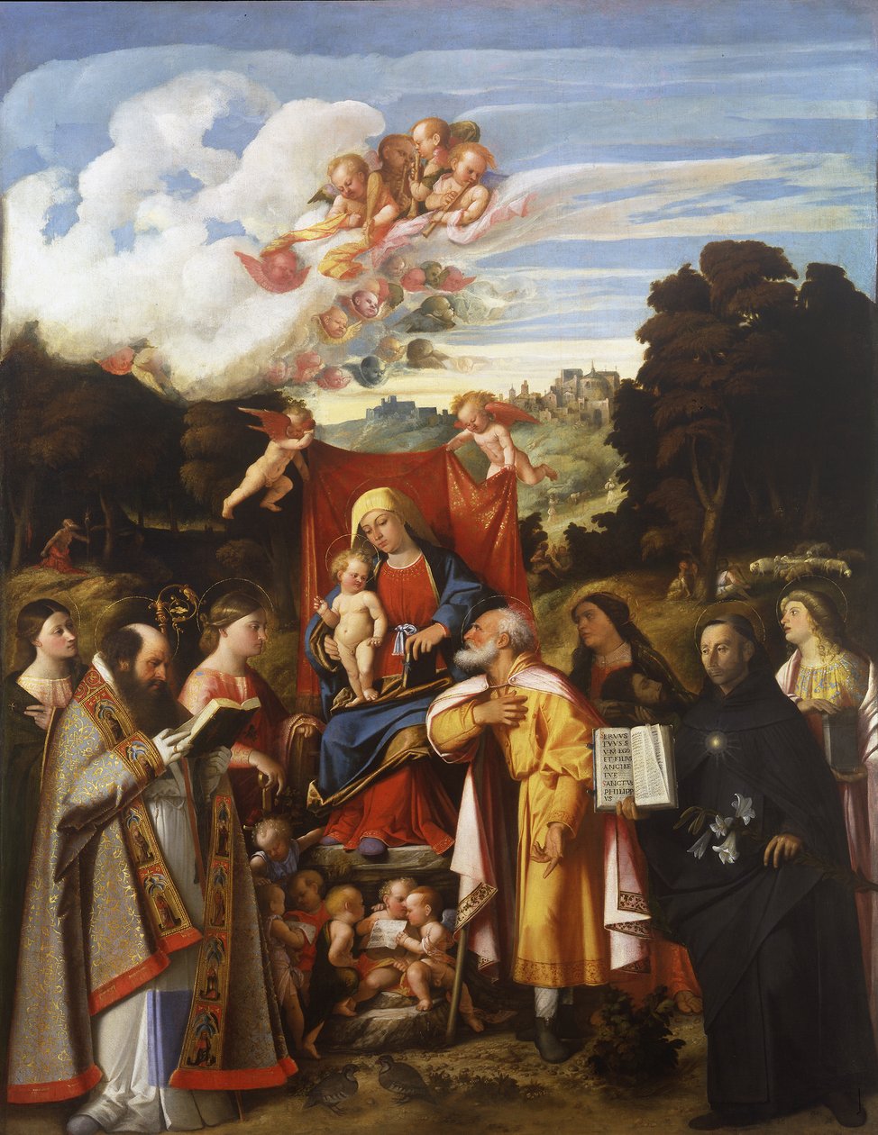 Madonna Enthroned with Angels, St. Apollonia, St. Augustine, St. Catherine, St. Joseph, St. Grata, St. Philip Benizzi e St. Barbara (Altarpiece St. Gotthard) de Giovanni de Busi Cariani
