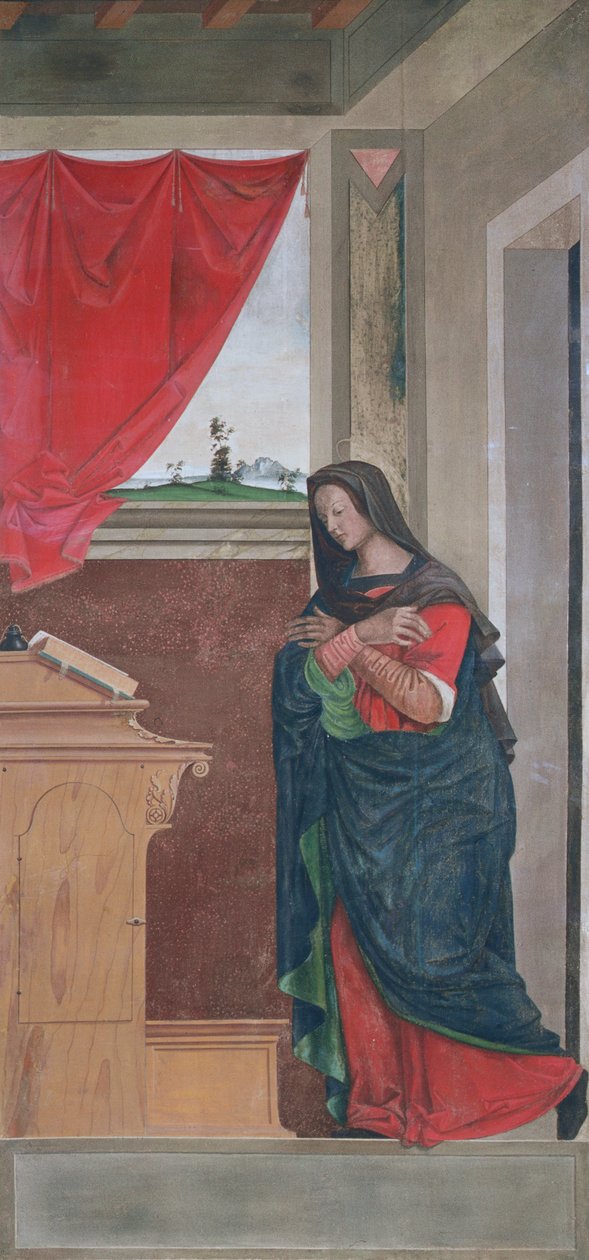 Anunciado da Virgem, painel de anunciação que originalmente formava uma das venezianas exteriores do órgão em San Bartolomeo, Vicenza (têmpera sobre tela) (ver 183650) de Giovanni de