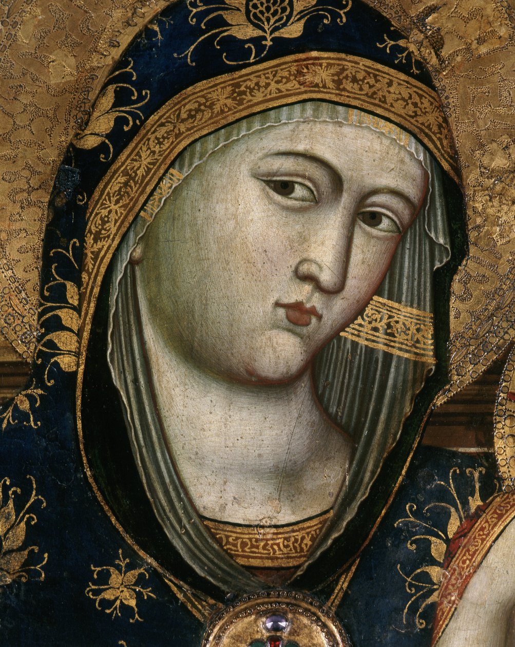 Virgem e Menino, detalhe. O rosto da virgem maria coberto com um tecido transparente e um capuz feito de tecido vermelho. Detalhe do retrato da Virgem com o Menino. Pintura de Giovanni Del Biondo (ca. 1356-1398). Políptico. retábulo italiano. Escurecer: 14 de Giovanni del Biondo dal Casentino