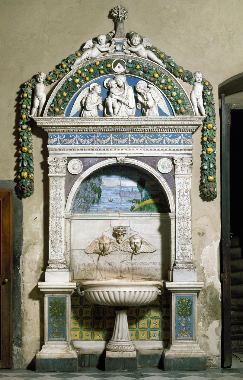 Fonte decorativa com alto relevo em mármore e terracota de Giovanni della Robbia (1469-1529) 1498. Sacristia de Santa Maria Novella, Florença de Giovanni della Robbia