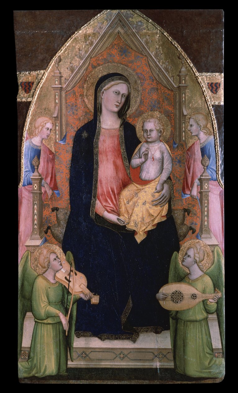 ""Madonna e criança no trono"" (A Virgem e o Menino entronizados com anjos assistentes) Pintura de Giovanni di Bartolomeo Cristiani (ativo entre 1367 e 1398) Museu Pushkin, Moscou de Giovanni di Bartolomeo Cristiani