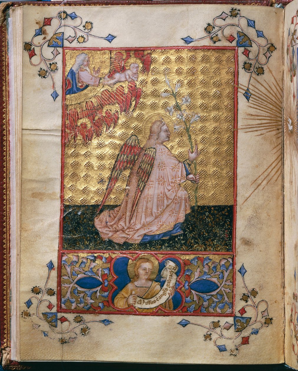 Itália, Anunciação: o Anjo com um lírio, miniatura de Giovanni di Benedetto da Como, de Officium Beatae Mariae Virginis de Alberto de Porcelis de Giovanni di Benedetto da Como
