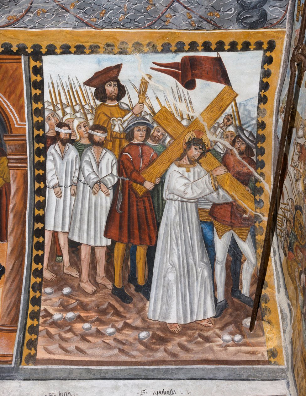 Histórias da Paixão de Cristo: Jesus sobe ao Calvário carregando a cruz e ajudado por Cireneu de Giovanni di Cherasco Botoneri