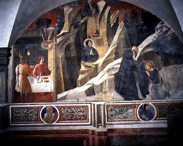 Pão e Manto de São Bento do Eremitério Romano, detalhe do ciclo afresco da Vida de São Bento do Chiostro degli Aranci (Claustro das Laranjas) c.1430