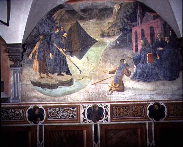 São Bento recuperando o Machado do Lenhador do Lago, detalhe do ciclo afresco da Vida de São Bento do Chiostro degli Aranci (claustro das laranjas) c.1430