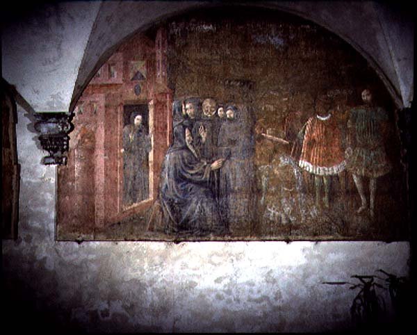 São Bento e o Mensageiro do Rei Totila, detalhe do ciclo afresco da Vida de São Bento do Chiostro degli Aranci (Claustro das Laranjas) c.1430