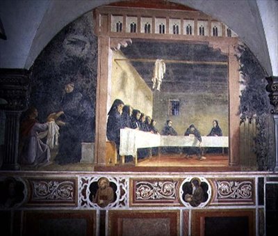 São Bento e o Pão Envenenado, detalhe do ciclo afresco da Vida de São Bento do Chiostro degli Aranci (Claustro das Laranjas) c.1430