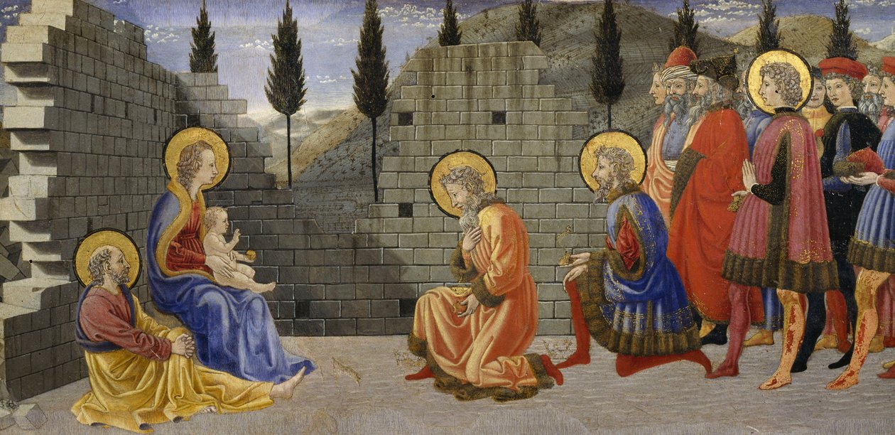Aoration of Magi, detalhe da Natividade e adoração de Magos, entre 1457 e 1459, por Giovanni di Francesco (1412-1459), tempera sobre madeira. de Giovanni di Francesco