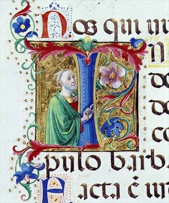 Sra. 542 f.44v Historia o "I" inicial que representa um santo masculino de um saltério escrito por Don Appiano da Igreja da Badia Fiorentina, Florença de Giovanni di Guiliano Boccardi