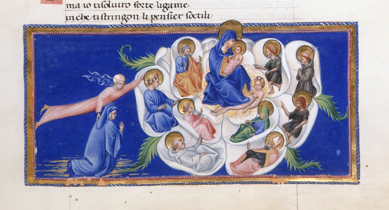 Dante e Beatriz perante a Virgem e o Menino, que estão sentados dentro da Rosa Celestial, rodeados por vários santos, do Paraíso em 
