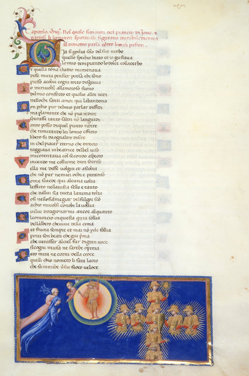 Paraíso, Canto XVIII. A miniatura mostra Dante e Beatrice pairando diante da meia figura de Cacciaguida, que está na periferia do Céu de Marte, que tem no centro a figura alada de Marte. Dante são mostrados os oito guerreiros sagrados que aparecem em de Giovanni di Paolo