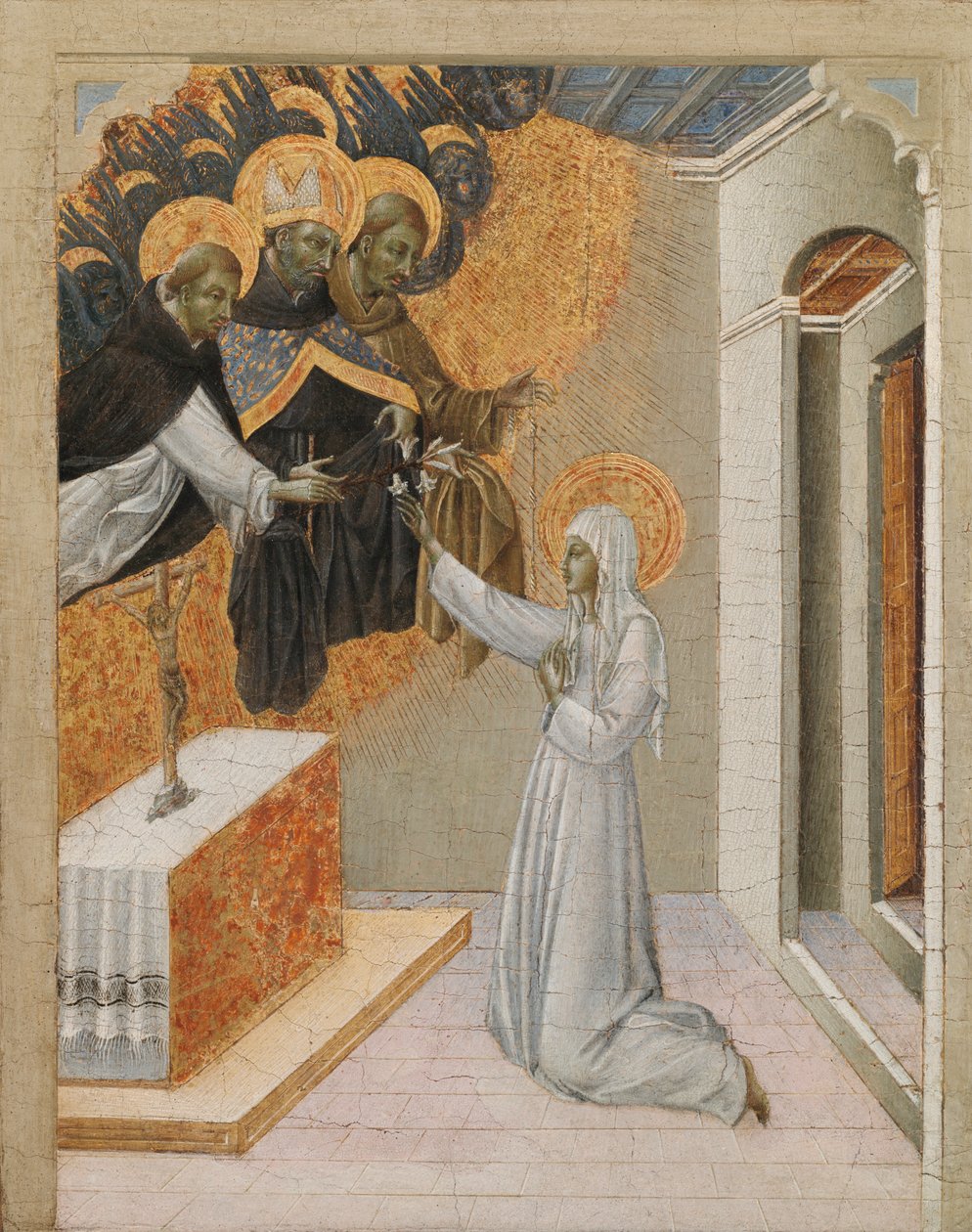 Painel Predella de um retábulo: Santa Catarina de Siena investida do hábito dominicano de Giovanni di Paolo