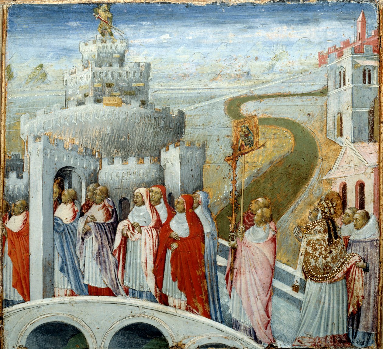 Procissão do Papa Gregoire Eu disse o Grande ou o Diálogo (532-604) (à direita) no Chateau Saint Angelo (Castel Sant