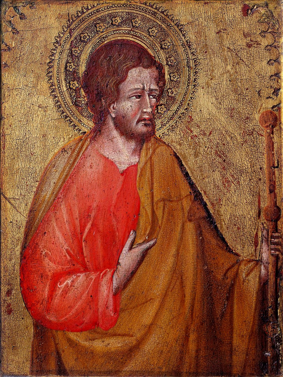 Representação de São Tiago o Pelerin Este é São Tiago o Major ou São Tiago, filho de Zebedeu. Pintura de Giovanni di Paolo (1395/1400-1482) Assis do século XV, Museo del Tesoro della Basilica di San Francesco e Collezione Perkins de Giovanni di Paolo