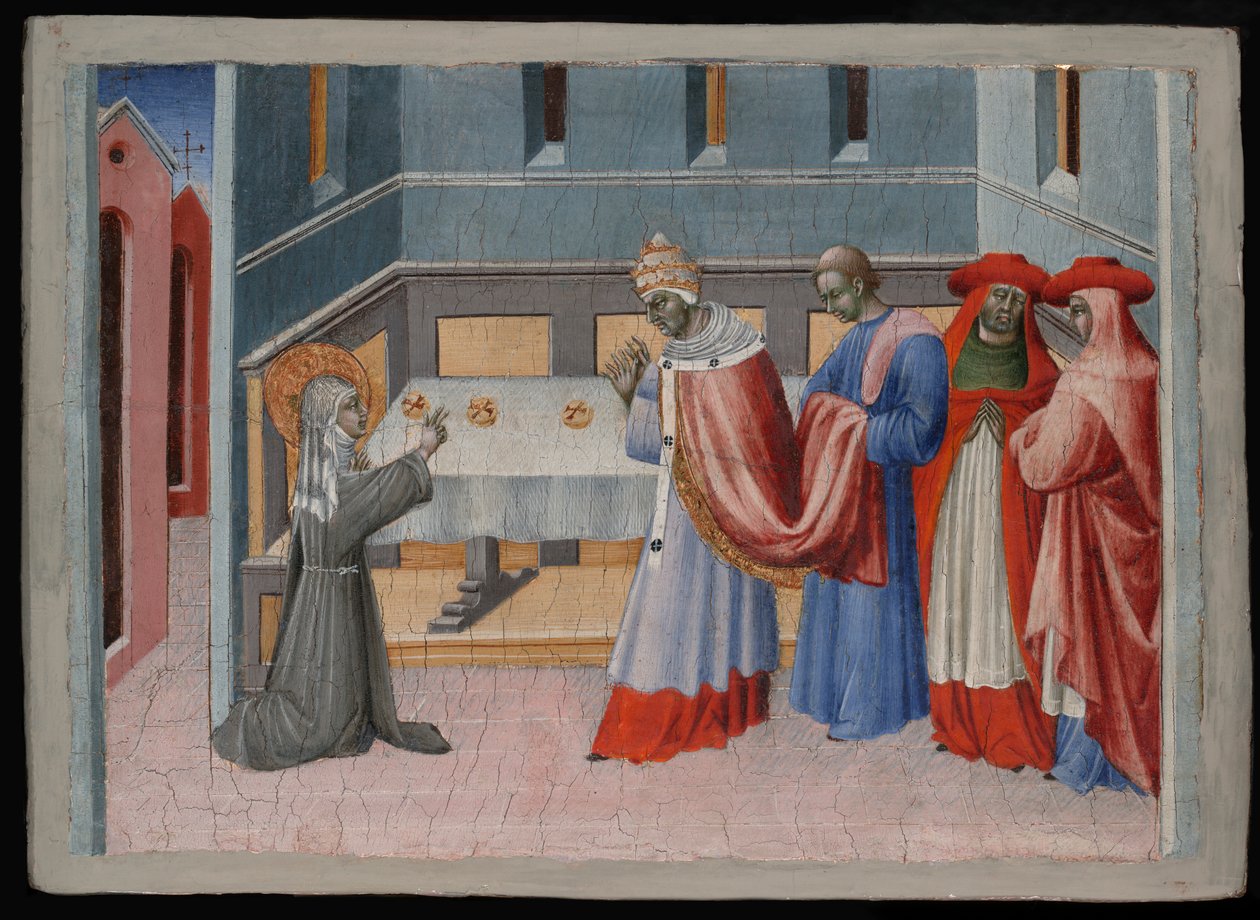 Santa Clara de Assis Abençoa o Pão perante o Papa Inocêncio IV de Giovanni di Paolo