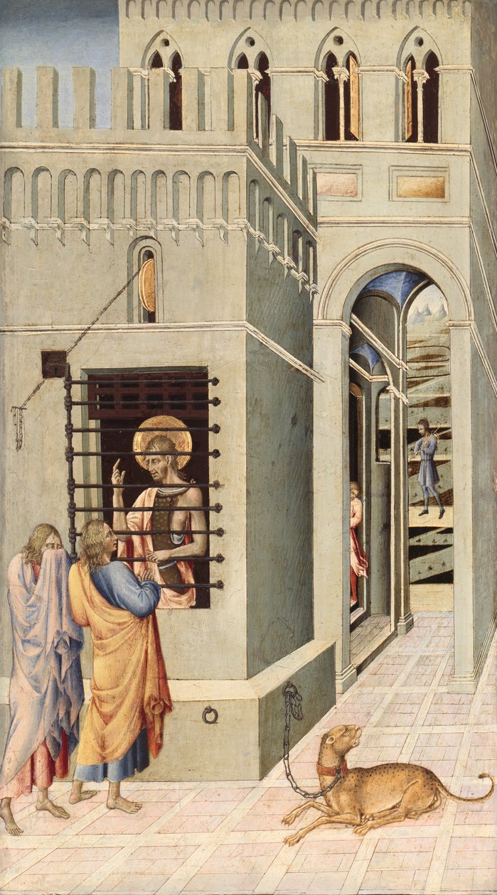 São João Batista na prisão visitado por dois discípulos, 145560. de Giovanni di Paolo